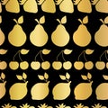 Gold foil fruits seamless vector pattern. Golden shiny strawberry, pear, cherry, lemon in rows on black background. Elegant,