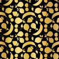 Gold foil fruits seamless vector pattern. Golden shiny strawberry, pear, cherry, lemon, banana on black background. Elegant,