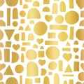 Gold foil geometric doodle shape seamless vector pattern. Hand drawn golden heart, circle, half circle, rectangle abstract shapes