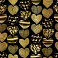 Gold foil heart shape seamless vector pattern. Golden abstract textured hearts on black background. Elegant art for web banner, Royalty Free Stock Photo