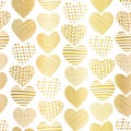 Gold foil heart shape seamless vector pattern. Golden abstract textured hearts on white background. Elegant art for web banner, Royalty Free Stock Photo