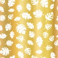 Gold foil leaves seamless vector background. White scattered leaf pattern on golden elegant backdrop design for weddings, Royalty Free Stock Photo