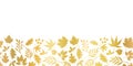 Gold foil leaves seamless vector border. Foliage nature leaf elements repeating banner. Metallic golden floral design Royalty Free Stock Photo