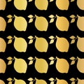 Gold foil lemon seamless vector pattern. Golden shiny lemons in rows on black background. Elegant, luxurious food print for paper,