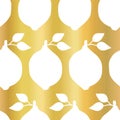 Gold foil lemon seamless vector pattern. White lemons in rows on metallic shiny golden background. Elegant, luxurious food print