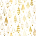 Gold foil metallic Christmas trees on white seamless vector pattern. Modern golden abstract doodle holiday background Royalty Free Stock Photo