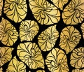 Gold foil mosaic leaves seamless vector background. Shiny metallic abstract leaf shapes on black background. Elegant, luxurious Royalty Free Stock Photo