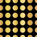 Gold foil polka dots pattern. Circles Seamless Vector. Shiny metallic golden foil dots on black background. Femine art for