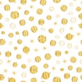 Gold foil space planets seamless vector pattern background. Golden hand drawn cosmic elements, planets, stars on white backdrop.