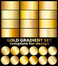 Gold foil texture background set. Realistic golden, copper vector elegant, brass and metal gradient template for gold