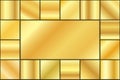 Gold foil texture background set. Vector golden, copper, brass and metal gradient template. Royalty Free Stock Photo