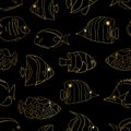 Gold foil Tropical fish on black seamless vector pattern. Swimming Butterflyfish, Clown Triggerfish, Damsel, Anemonefish,