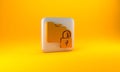 Gold Folder and lock icon isolated on yellow background. Closed folder and padlock. Security, safety, protection concept