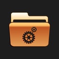 Gold Folder settings with gears icon isolated on black background. Concept of software update, transfer protocol, router