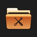 Gold Folder and tools or settings icon isolated on black background. Folder with wrench and screwdriver sign. Computer