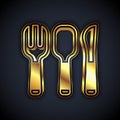 Gold Fork, spoon and knife icon isolated on black background. Cooking utensil. Cutlery sign. Vector Royalty Free Stock Photo