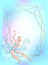 Gold frame with a ballerina against a blue background. Vector