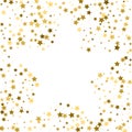 gold frame or border of random scatter golden stars on white background. Design element for festive banner, birthday and greeting Royalty Free Stock Photo