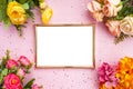 Gold frame, flowers on a pink background. Holiday. Mood. Birthday. Anniversary