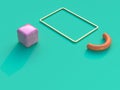 Gold frame pink cube orange semicircle 3d rendering green flat background