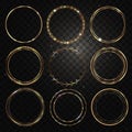 Gold frame. Round frames for designs and photos. Glowing sparkles and stars on the frames. Isolated, transparent Royalty Free Stock Photo