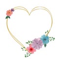 Gold frame in the shape of a heart. Frame, decorated with a bouquet of flowers Royalty Free Stock Photo