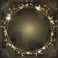 Gold frame. Square frame for designs and photos on a dark background with abstract spots. Glowing sparkles and stars on the frames Royalty Free Stock Photo