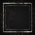Gold frame. Square frame for designs and photos on a dark background. Glowing sparkles and stars on the frames Royalty Free Stock Photo