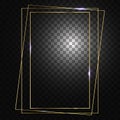 Gold frame. Square frame for designs and photos. Glowing sparkles and stars on the frames. Isolated, transparent Royalty Free Stock Photo