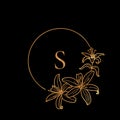 Gold frame template Lily Flower and monogram concept with the letter S in minimal linear style. Vector floral logo Royalty Free Stock Photo