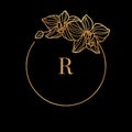 Gold frame template Orchid Flower and monogram concept with the letter R in minimal linear style. Vector floral logo