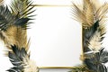 gold frame with tropical leaves and palm fronds on white background Royalty Free Stock Photo