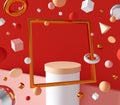 Gold frame & white cylinder concept scene - 3d render creative design. Abstract space composition. Red background. Minimal style