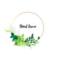 Gold frame with white flowers, eucalyptus leaves and succulent plants. Modern minimalistic vector design. Royalty Free Stock Photo
