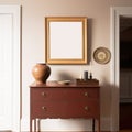 Gold framed art mock up in a Shaker-style New England farmhouse interior with natural light and a dresser.