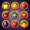 Gold fruit and berries icons for game interface Royalty Free Stock Photo