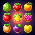Gold fruit and berries icons for game interface Royalty Free Stock Photo