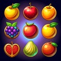 Gold fruit and berries icons for game interface Royalty Free Stock Photo