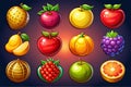 Gold fruit and berries icons for game interface Royalty Free Stock Photo
