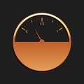 Gold Fuel gauge icon isolated on black background. Full tank. Long shadow style. Vector