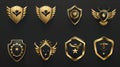 Gold game rank badge and level medal modern icons. Golden shield emblem with star. Royal win award UI frame set. Victory