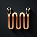 Gold Garden hose icon isolated on black background. Spray gun icon. Watering equipment. Long shadow style. Vector