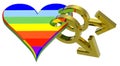 Gold gay sex symbol linked with rainbow heart Royalty Free Stock Photo