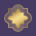 Gold geometric frame. Abstract ornamental blank banner in arabic style on violet background. Vector. Royalty Free Stock Photo