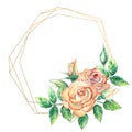 Gold geometric frame decorated with flowers. Peach roses, green leaves, open and closed flowers. Watercolor illustration Royalty Free Stock Photo