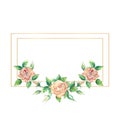 Gold geometric frame decorated with flowers. Peach roses, green leaves, open and closed flowers. Watercolor illustration Royalty Free Stock Photo