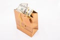 Gold gift bag with dollars Royalty Free Stock Photo