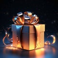 Gold gift with a gold bow on a dark background. Gifts as a day symbol of present and love