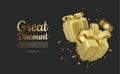 Gold gift box decorative festive object with golden bows and gold sequins confetti on black background Royalty Free Stock Photo