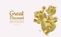 Gold gift box decorative festive object with golden bows and gold sequins confetti on white background Royalty Free Stock Photo